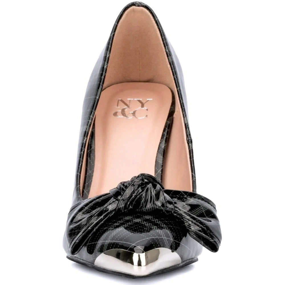New York & Company Wendy Metal Accent Bow Pump Black Grey Plaid Stiletto Size 9‎